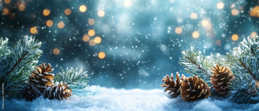 Snow-covered fir branches with golden pine cones on a frosty winter morning, with a snowy forest in the blurred background.