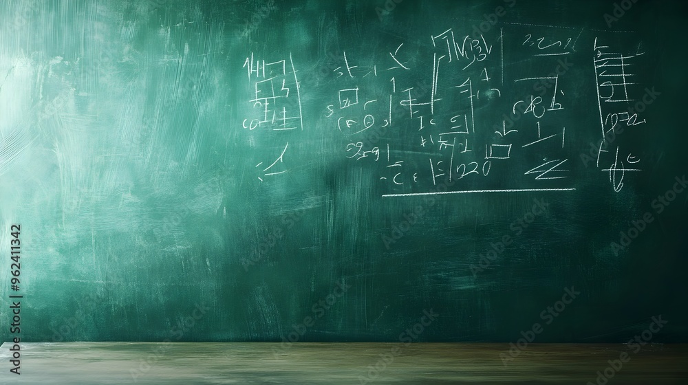 Conceptual image of a classic green chalkboard filled with various mathematical equations and formulas written in white chalk representing the educational and academic themes of learning science Conceptual image of a classic green chalkboard filled with various mathematical equations and formulas written in white chalk representing the educational and academic themes of learning science