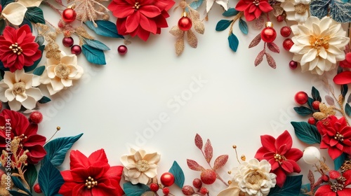 Elegant Christmas floral frame with red poinsettias, golden ornaments, and green leaves on a light background.