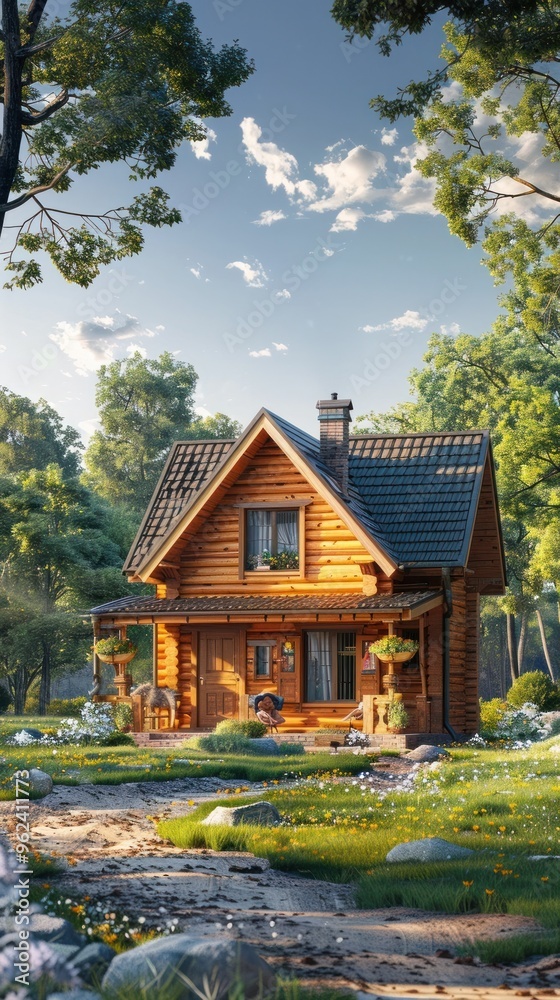 A charming wooden cabin nestled in the heart of a lush serene countryside landscape surrounded by towering trees a babbling stream and a picturesque mountain backdrop A charming wooden cabin nestled in the heart of a lush serene countryside landscape surrounded by towering trees a babbling stream and a picturesque mountain backdrop
