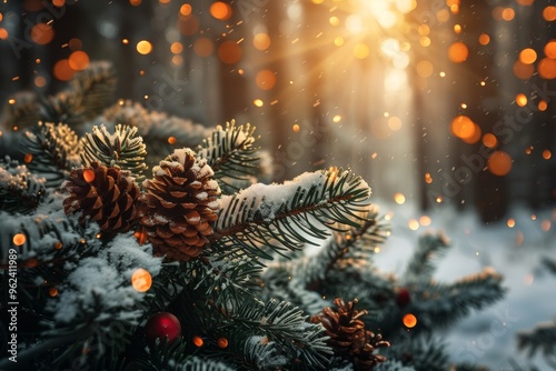 Snow-covered pinecones and branches glowing in warm golden light, set against a snowy forest background, creating a peaceful winter holiday scene. photo