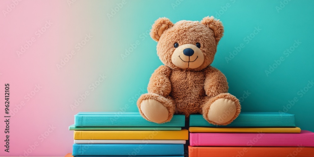 Soft Teddy Bear on Colorful Children's Books for Cozy Reading Time Soft Teddy Bear on Colorful Children's Books for Cozy Reading Time