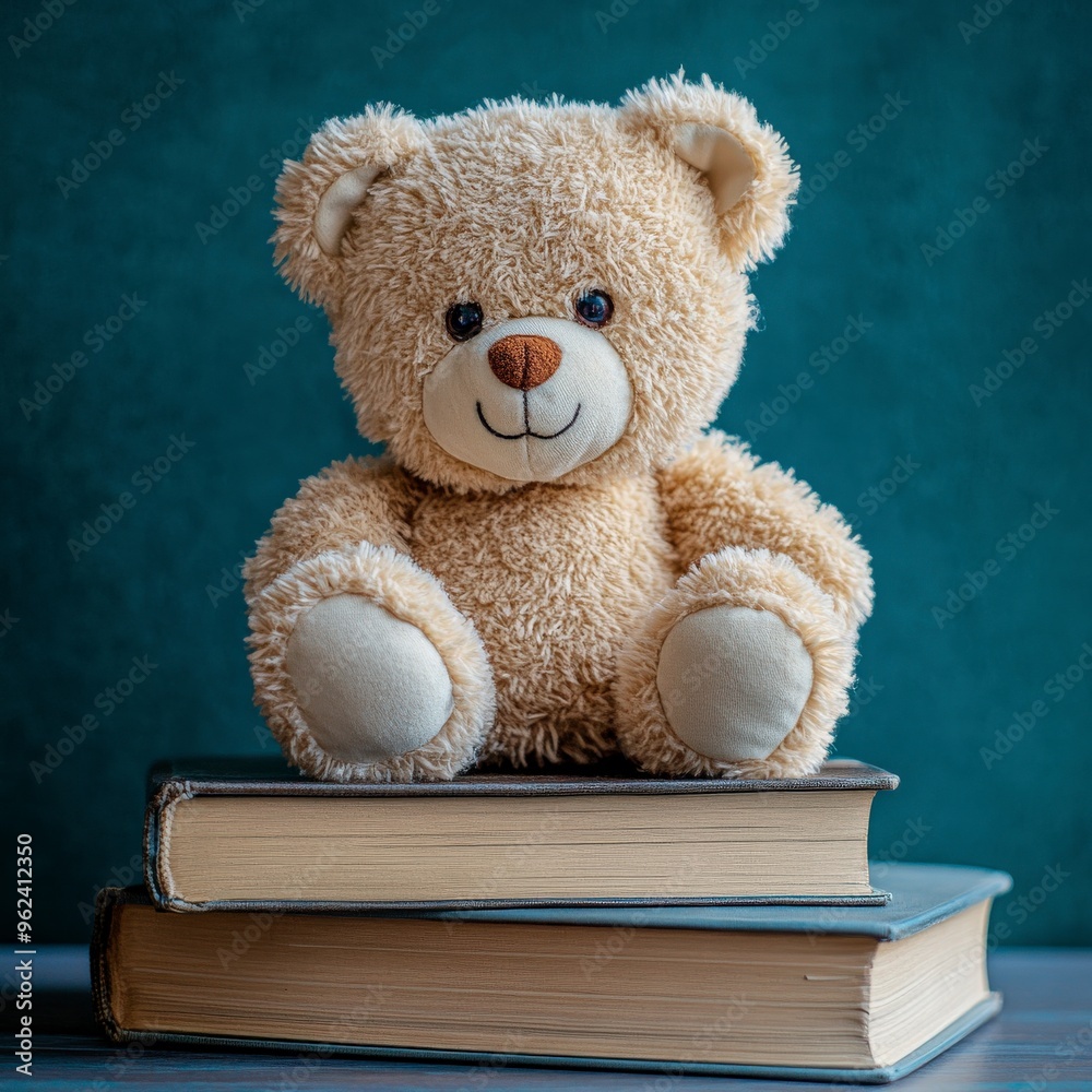 Soft Teddy Bear on Colorful Children's Books for Cozy Reading Time Soft Teddy Bear on Colorful Children's Books for Cozy Reading Time