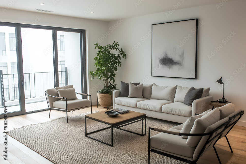 Fototapeta premium Modern living room with a beige sofa, two chairs, and a coffee table in front of large windows.