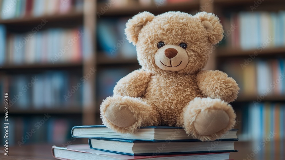 Soft Teddy Bear on Colorful Children's Books for Cozy Reading Time Soft Teddy Bear on Colorful Children's Books for Cozy Reading Time