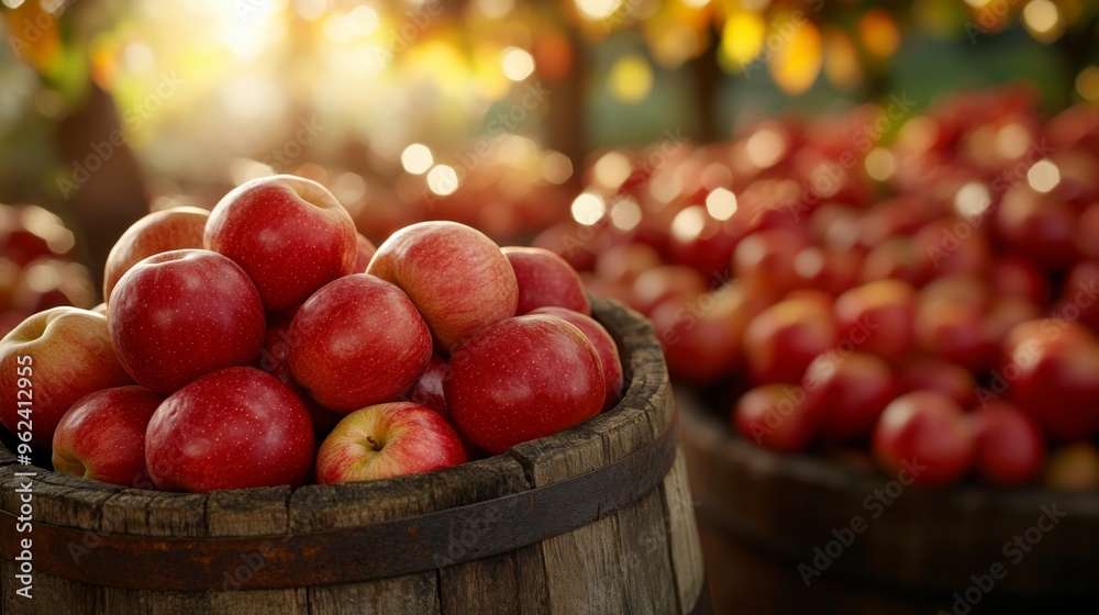 Freshly Harvested Red Apples in a Rustic Wooden Barrel under the Sunlit Orchard Sky