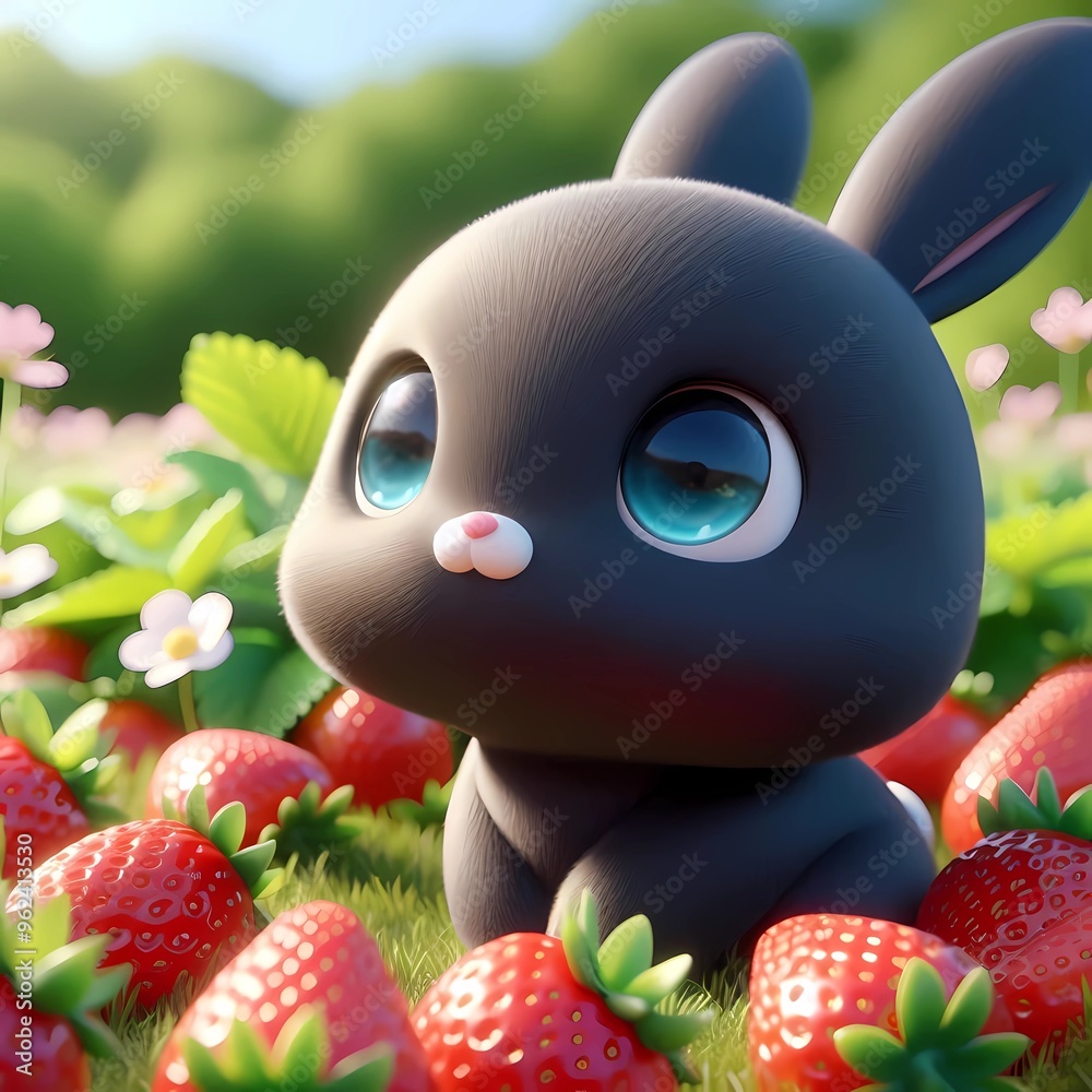 Naklejka premium Schwarzer Hase im Erdbeerfeld