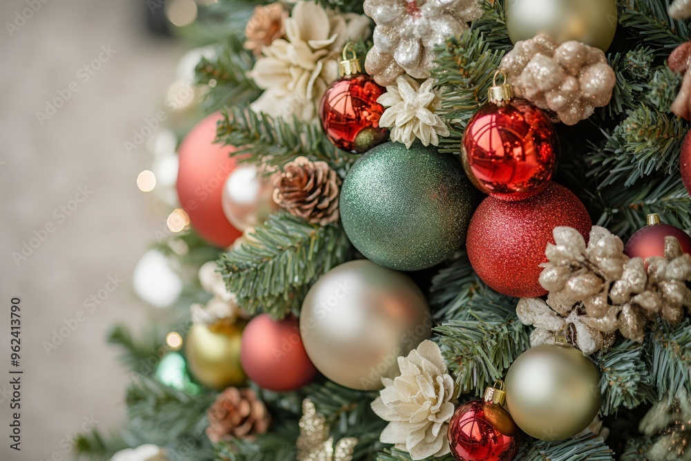 Christmas tree decorated with vibrant red, gold, and teal ornaments, set in a cozy indoor space with pinecones and frosted branches, creating a festive holiday display. Christmas tree decorated with vibrant red, gold, and teal ornaments, set in a cozy indoor space with pinecones and frosted branches, creating a festive holiday display.