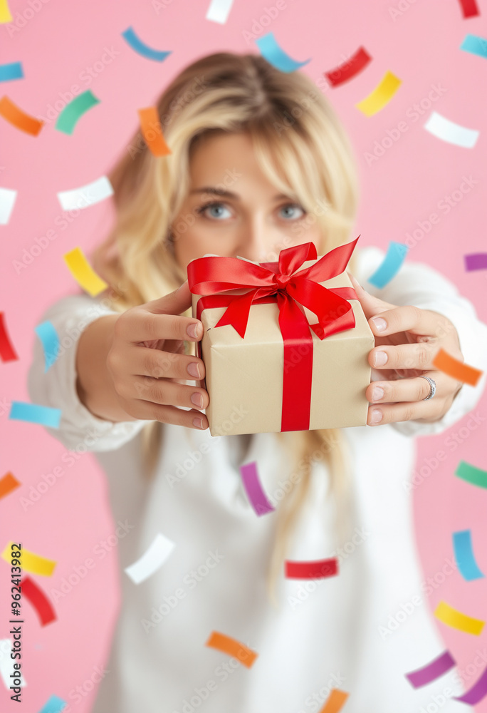 Woman with Gift: A woman holding a gift box with a red ribbon in front of her face, surrounded by colorful confetti. Woman with Gift: A woman holding a gift box with a red ribbon in front of her face, surrounded by colorful confetti.
