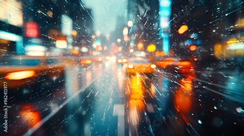 Heavy rainstorm with pouring rain flooding a city street at night creating a moody dramatic and conceptual scene with blurred vehicle lights and reflections