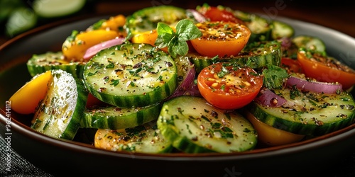 Close-up of a Cucumber, Tomato, and Red Onion Salad with Herbs and Spices