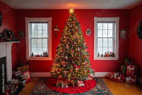 Festive living room with a Christmas tree  fireplace  and wrapped gifts  creating a warm and cozy holiday atmosphere with glowing lights and stockings.