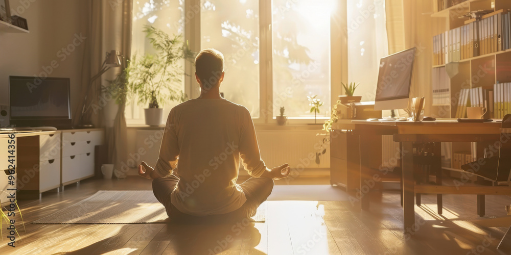 A minimalist home office with a person meditating, natural light A minimalist home office with a person meditating, natural light