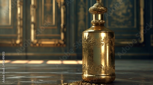 A luxurious golden bottle with intricate engravings stands on an ornate floor in an opulent room. The detailed patterns on the bottle reflect the lavish decor of the background, creating a scene of