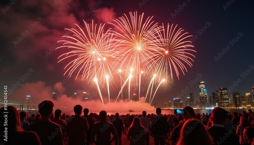 Obraz premium A crowd gathered at night, watching a vibrant fireworks display lighting up the sky, evoking a sense of celebration and awe.