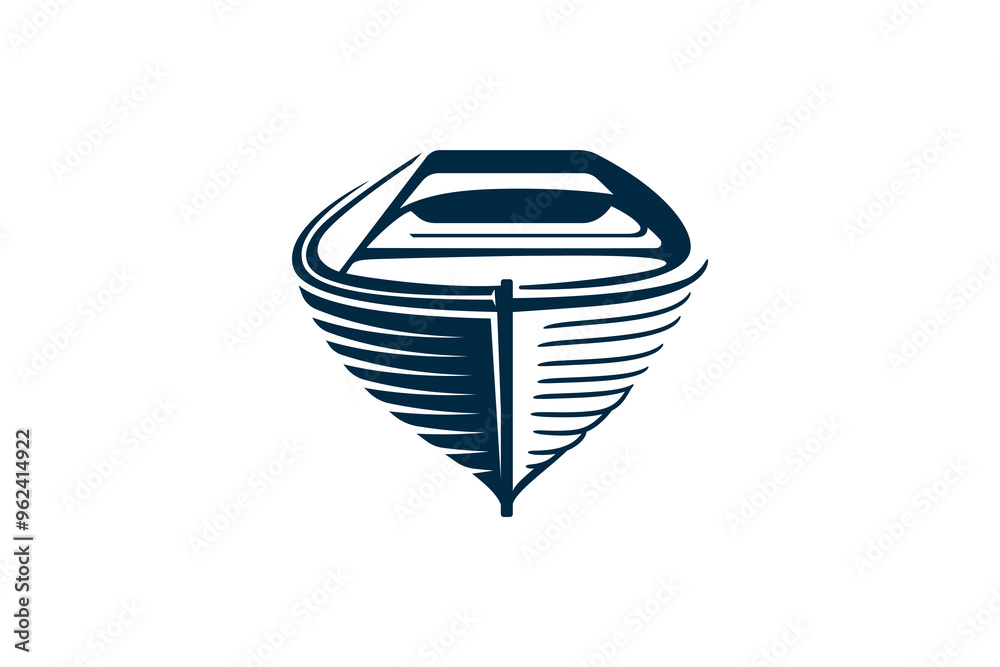 Wooden Boat seen from the front. Vector Illustration on White Background. flat blue color