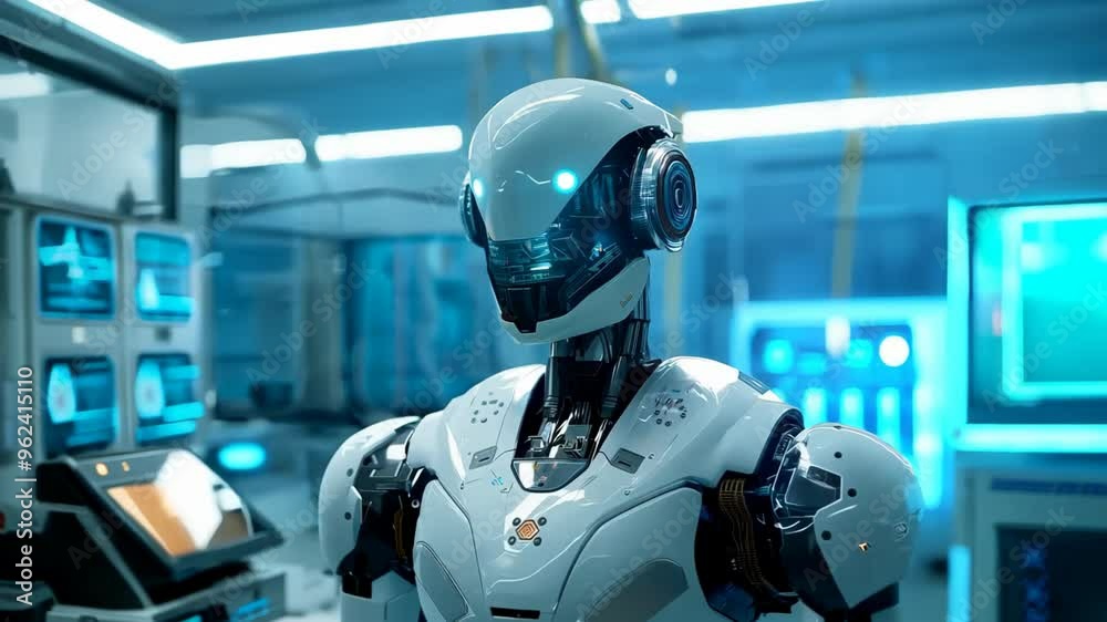 high technology robot standing at laboratory with blue white light glowing high technology robot standing at laboratory with blue white light glowing