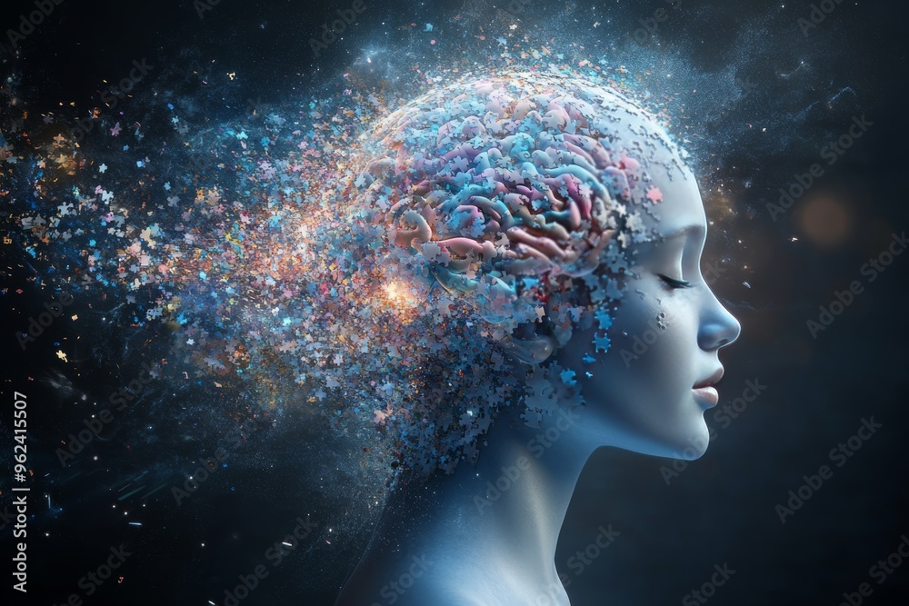 Neural node Neuro brain A woman’s face with luminous neural patterns showcases the brilliance and complexity of thought and imagination within the human mind Neural node Neuro brain A woman’s face with luminous neural patterns showcases the brilliance and complexity of thought and imagination within the human mind