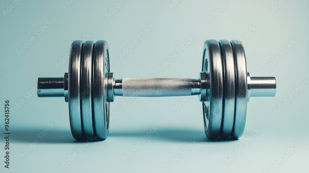 Naklejka premium A close-up view of a shiny dumbbell resting on a light solid color backdrop, showcasing the details of its grip,No blurriness