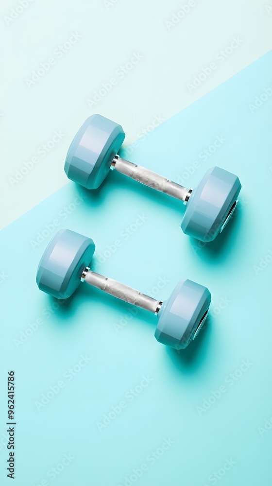 A pair of dumbbells arranged symmetrically on a light solid color surface, creating a sense of balance and fitness,No blurriness A pair of dumbbells arranged symmetrically on a light solid color surface, creating a sense of balance and fitness,No blurriness
