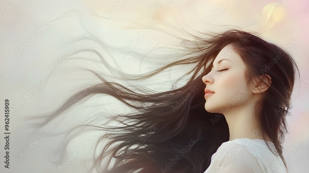 A serene portrait of a woman with long, silky hair in a gentle breeze, set against a light pastel background,No blurriness A serene portrait of a woman with long, silky hair in a gentle breeze, set against a light pastel background,No blurriness