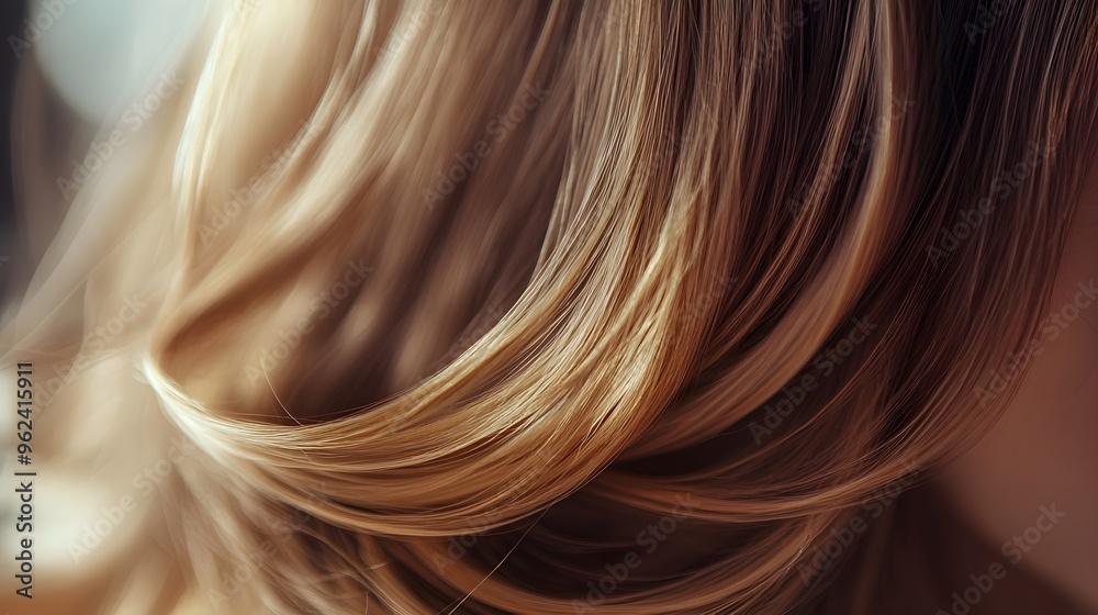A close-up of shiny, flowing hair cascading over a shoulder, with a soft, blurred background emphasizing the hair's texture,No blurriness A close-up of shiny, flowing hair cascading over a shoulder, with a soft, blurred background emphasizing the hair's texture,No blurriness