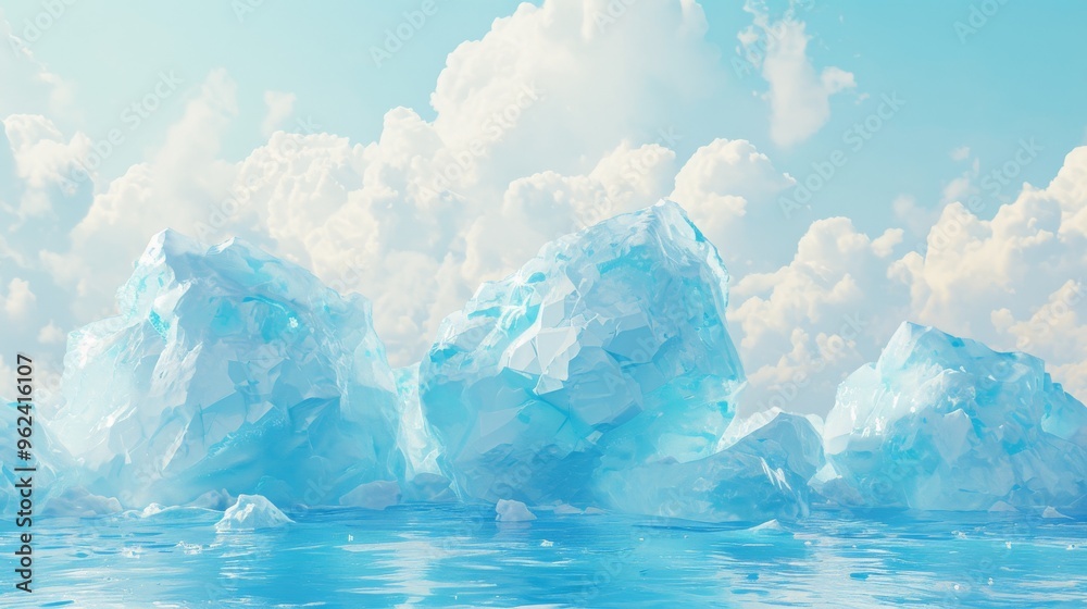 Majestic icebergs float in serene Arctic waters, reflecting the beauty of the sky above. The clear blue ice contrasts against the fluffy white clouds, creating a tranquil and awe-inspiring scene.