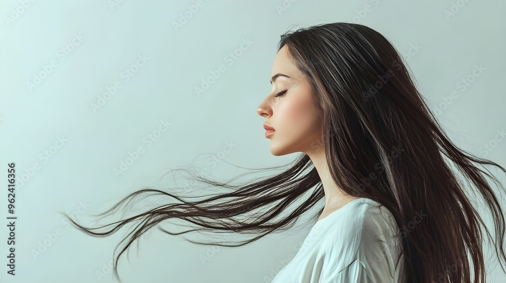 A woman with long flowing hair stands against a light solid color background, her hair cascading down her shoulders in soft waves,No blurriness A woman with long flowing hair stands against a light solid color background, her hair cascading down her shoulders in soft waves,No blurriness