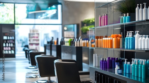 A stylish hair salon interior featuring modern decor, sleek furniture, and vibrant hair products displayed on shelves,No blurriness