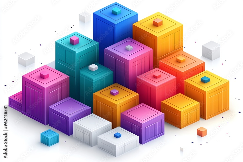 Colorful geometric blocks arranged in a playful layout, showcasing vibrant designs and varying heights of the structures. Generative AI Colorful geometric blocks arranged in a playful layout, showcasing vibrant designs and varying heights of the structures. Generative AI