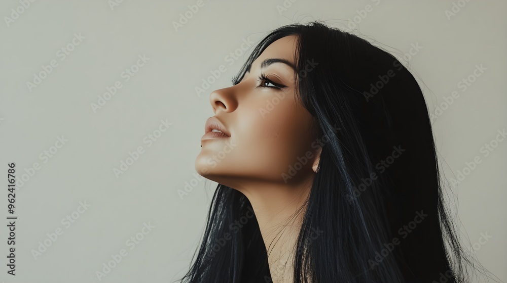 A close-up portrait of a woman with long black hair cascading over her shoulders, set against a light solid color background,No blurriness