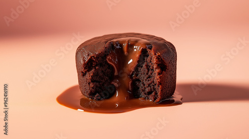 a chocolate fondant with molten chocolate oozing from the center against an isolated pastel orange background