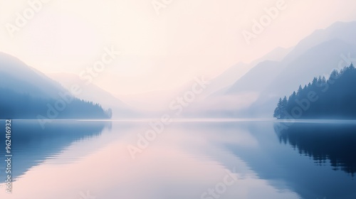 A serene and misty mountain lake with a calm and reflective water surface.