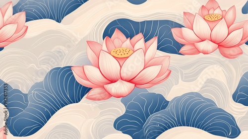 Pink Lotus Flowers in Abstract Blue and Beige Water photo