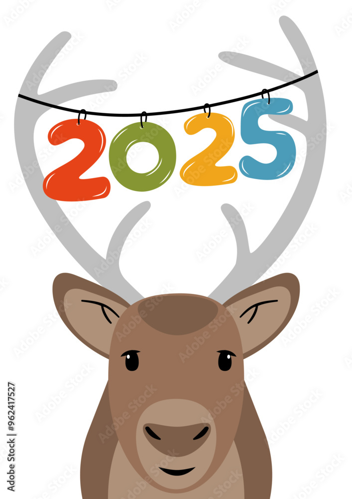 Fototapeta premium Reindeer with 2025 on a white background - vector CMYK