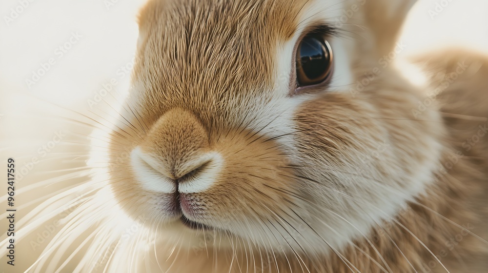 A close-up shot of a rabbit's face with detailed whiskers and fur texture against a light solid color backdrop,No blurriness A close-up shot of a rabbit's face with detailed whiskers and fur texture against a light solid color backdrop,No blurriness