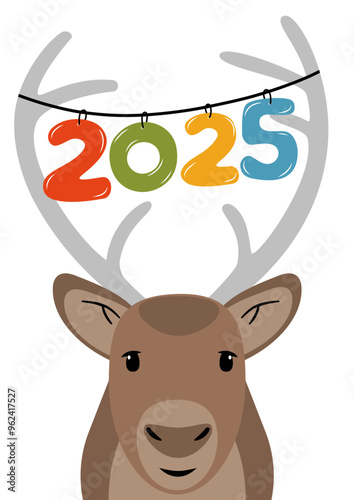 Reindeer with 2025 on a white background - vector CMYK