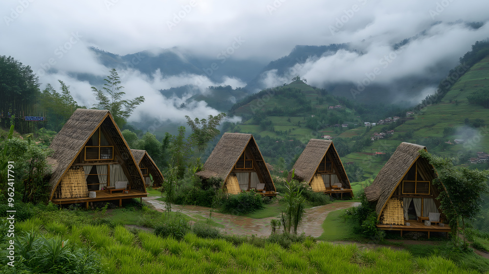 Wood eco-tourism destination amidst lush green meadows, overlooking majestic rainforest under a blue sky Wood eco-tourism destination amidst lush green meadows, overlooking majestic rainforest under a blue sky