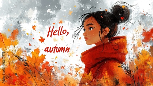 Hello autumn watercolor banner. greeting card with Pumpkins, inscriptions, leaves, acorn and mountain ash on white background. autumn border frame