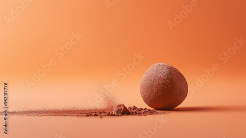 a chocolate truffle with a dusting of cocoa powder against an isolated pastel orange background
