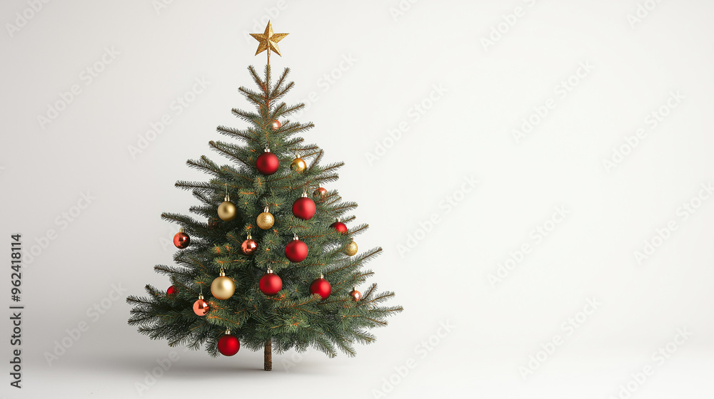 a christmas tree with red and gold baubles and a star on top against an isolated white background a christmas tree with red and gold baubles and a star on top against an isolated white background