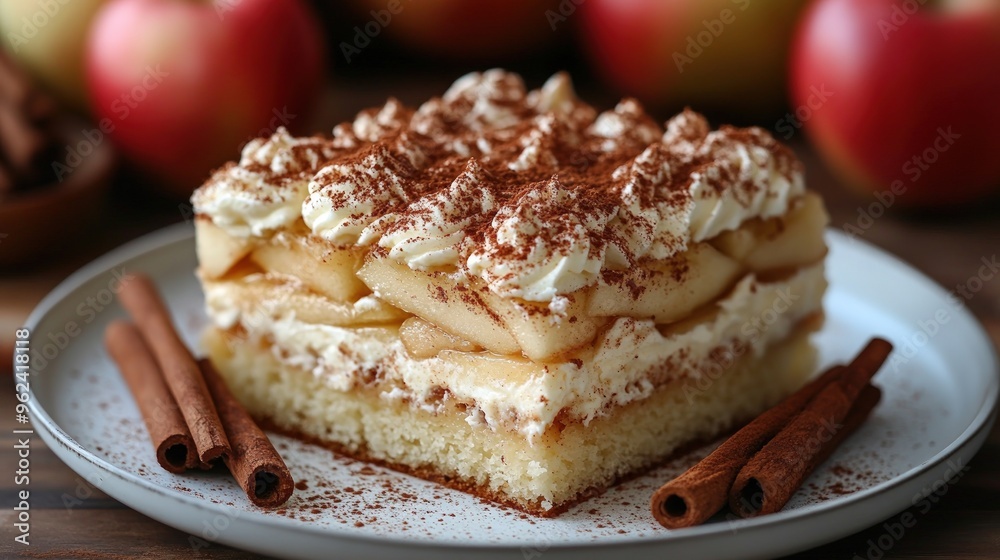 A slice of apple cake with cinnamon and whipped cream. A slice of apple cake with cinnamon and whipped cream.