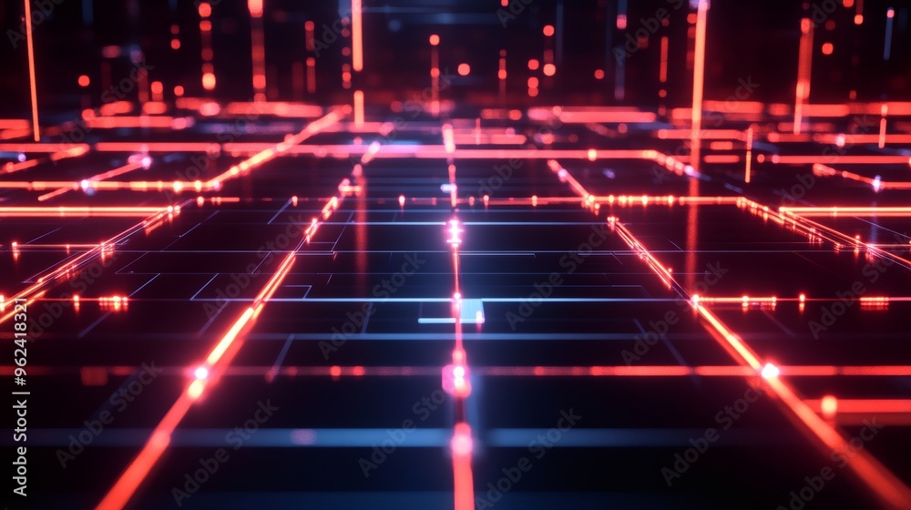 Abstract grid with red glowing lines and bright dots. Abstract grid with red glowing lines and bright dots.