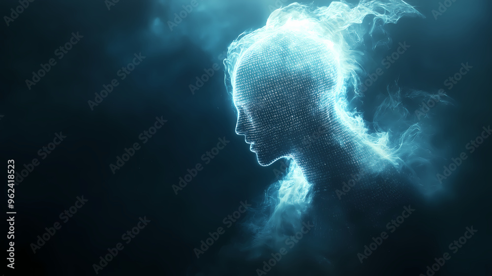 Abstract smoke human silhouette against a dark blue background, space for adding text Abstract smoke human silhouette against a dark blue background, space for adding text