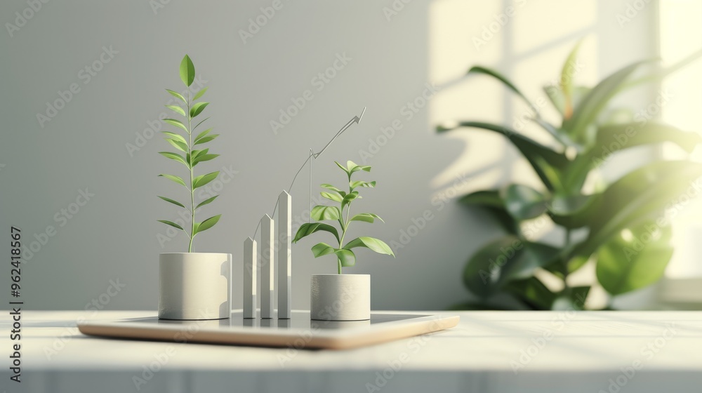 Three potted plants placed on a tablet display alongside a 3D bar graph, symbolizing the concept of sustainable business growth. The image highlights the intersection of nature and technology in a