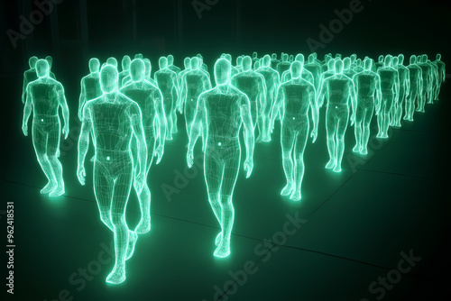 Abstract human figures made of glowing circuits, AI clones