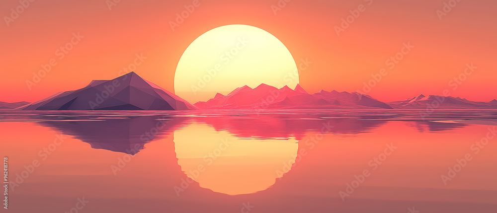 Beautiful sunset sunrise over a calm lake, the sky awash with orange and red hues as the sun peeks over distant mountains, pink sky
