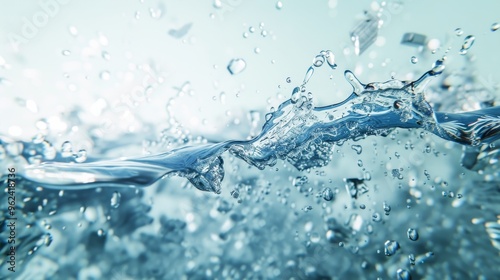 Captivating close-up shot of water splashing with visible air bubbles, creating a dynamic sense of motion and energy. The clear, blue-toned water reflects light, enhancing the sense of movement and