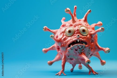 Isolated cartoon germ displaying humorous and scared look vividly. - quirky virus depiction humorously scared and set blue frame. Personified fear microscopic world introspection of pathogens.