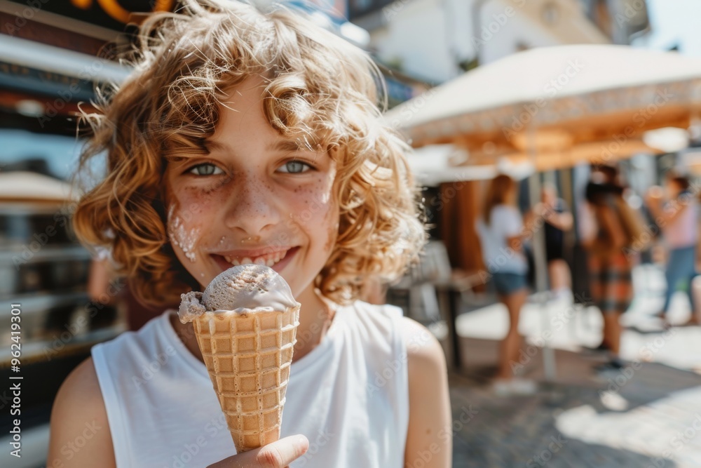 Adorable child enjoying warmth of sunshine innocent glow. A child experiences bliss with an ice cream cone. Serenity and sheer joy natural beauty of sunny day. Adorable child enjoying warmth of sunshine innocent glow. A child experiences bliss with an ice cream cone. Serenity and sheer joy natural beauty of sunny day.